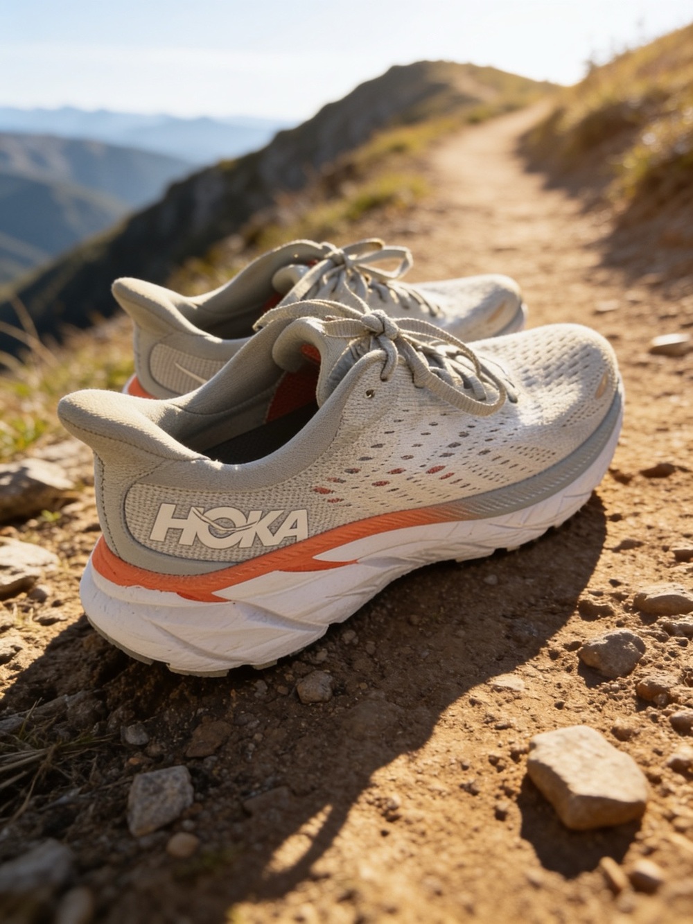 Hoka One One Women's Trail Running Shoes - Light Gray with Coral Accent